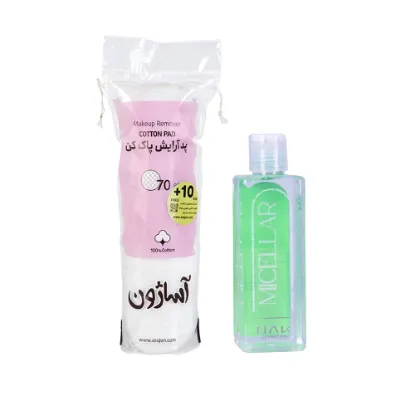 تصویر  میسلار واتر پاک کننده آرایش ناک 250ml + پد آرایش پاک کن آساژون - پک پاکسازی عمیق پوست چرب، مختلط و مستعد جوش